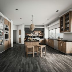 Küche mit Holztheke, Wandregal und einer Sitzgruppe aus Holz. Modernes Wohnen.