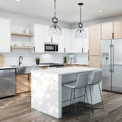 Moderne weiße Holzküche mit dunklem Holzboden.