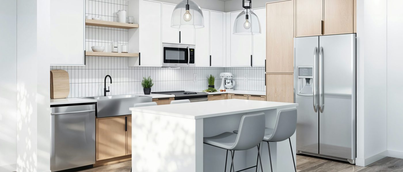 Moderne weiße Holzküche mit dunklem Holzboden. Moderne weiße Holzküche mit dunklem Holzboden.